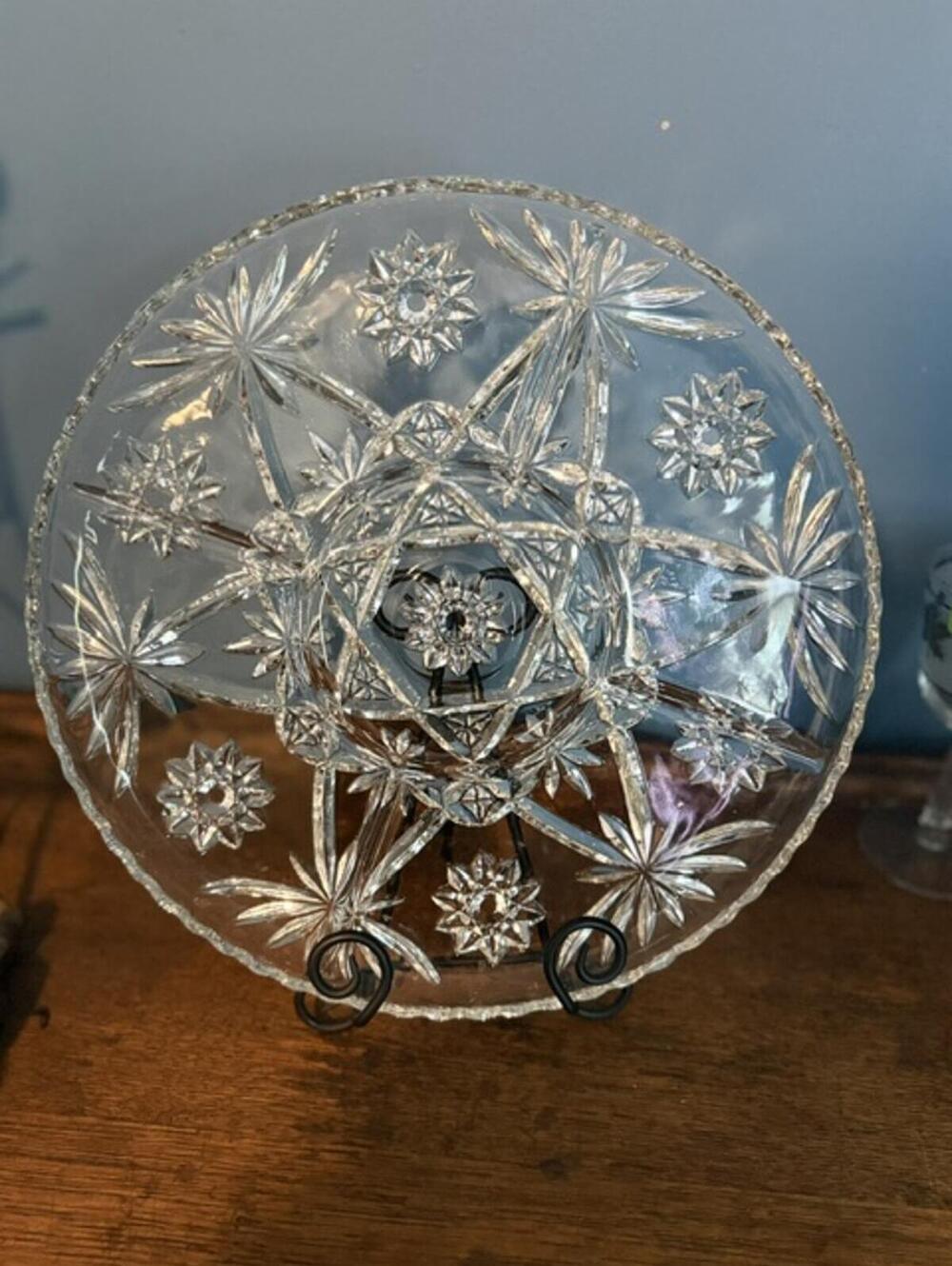 Vintage Cut Glass Decorative Plate with Starburst Pattern